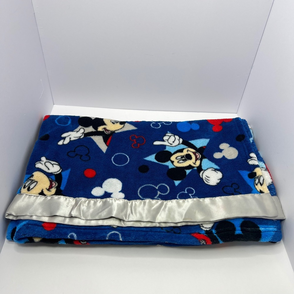 Vintage Disney Mickey Mouse Blue Baby Toddler Blanket Gray Satin Trim Stars